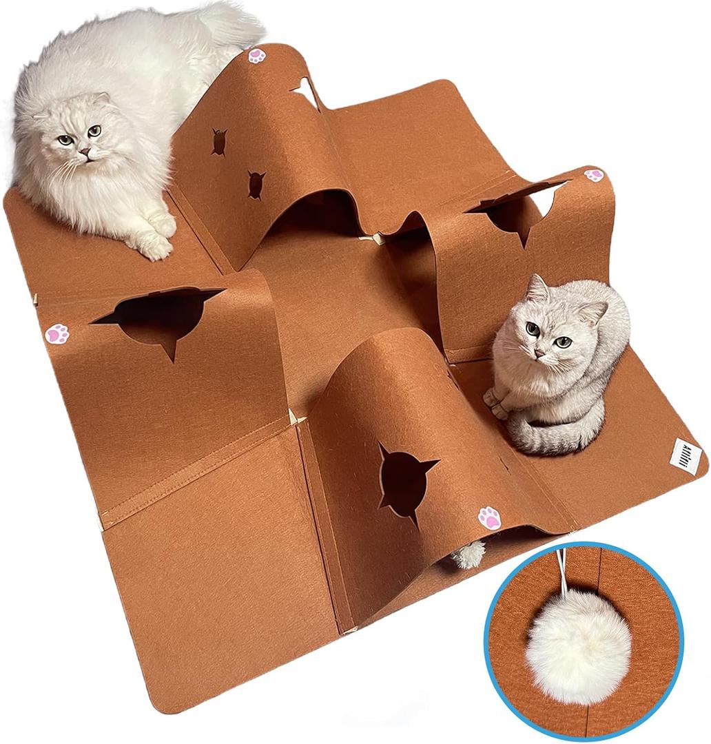 Interactive Cat Tunnel Mat for Indoor Cats, 4-Way Felt Cat Cave with Hanging Ball, Foldable Kitty Play Mat and Hideout, Pet Enrichment Toy for Kittens, Rabbits, Small Pets (Brown)