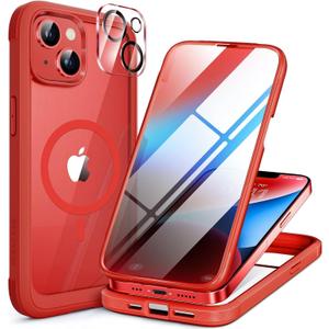 Miracase Magnetic for iPhone 14 Case 6.1", [Built-in Tempered Glass Screen Protector + Lens Protector] [Compatible with MagSafe] Full-Body Protective Bumper 14 Phone Cover, Red