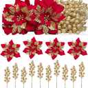 Alupssuc 24 Pieces Christmas Tree Decorations, 12 PCS Red&Gold Poinsettia Flowers Artificial and 12 PCS Glitter Christmas Tree Picks for Christmas Decorations Party Wreath Fireplace Stairs, Red&Gold