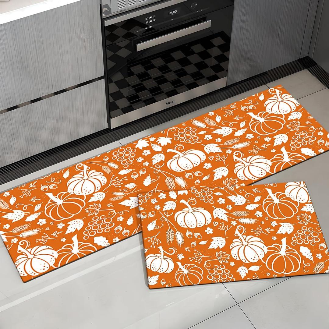 APROPHIC Fall Pumpkin Kitchen Mat Rugs Sets of 2,Orange Thanksgiving Harvest Pumpkin Wheat Plants Mat for Decor Hallways,Sink,Laundry Room,Floor Non Slip Carpet Washable 16x24 + 16x41 in