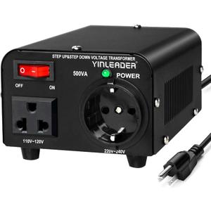 Yinleader 110v to 220v European Voltage Converter Transformer 500W Step Up Converter 110/120 Volt to 220/230/240 Volt or Step Down 220 to 110 w/US Power Cord,Circuit Breaker Protection