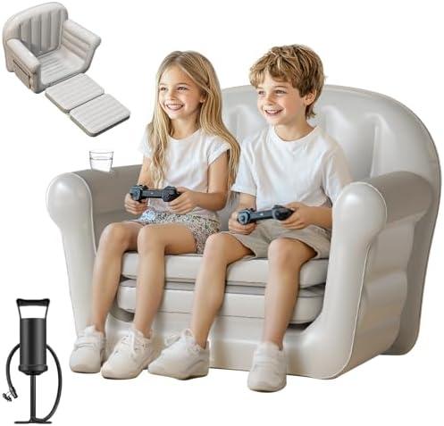 QPAU Inflatable Couch, Extra Wide 2-in-1 Toddler Couch Fold Out with Plush, Convertible Kids Couchs to Lounger for Baby Boys Girls, Portable Sleeper Sofa for Home Camping Travel