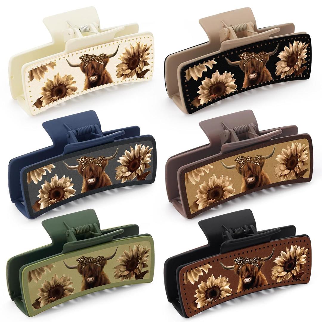 CiyvoLyeen Highland Cow Hair Claw Clips Western Leather Hair Clips Non-slip Strong Hold Claw Clips for Thick Hair Styling Hair Accessories for Women Girls