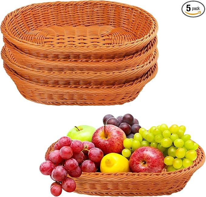 5 Pack 13.8 Inch Oval Poly Wicker Baskets, Plastic Oval Wicker Baskets, Rustic, Durable & Easy-Cleaning Wicker Bread Basket, for Home, Restaurant & Hotel Use, Brown