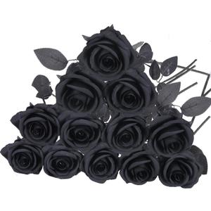 Felice Arts 12 Pack Black Roses Artificial Flowers with Black Stems Silk Roses Fake Flowers Bouquet for Halloween Centerpiece Table Vase Home Inddor Kitchen Party DIY Decor