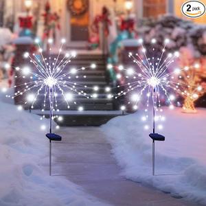 Solar Garden Firework Lights Outdoor Waterproof, 2 Pack Solar Powered Art Stake Twinkle Lighting for Outside Decor, 120 LED Sparklers String Lights for Yard Pathway Decorations(White)