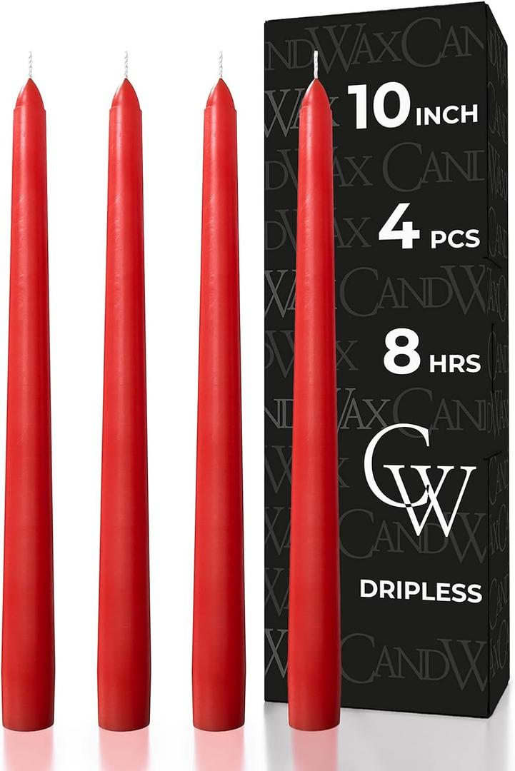 CANDWAX 10 inch Red Taper Candles Set of 4 - Unscented Smokeless Dripless Long Burning Candlesticks - Perfect as Taper Candlesticks for Dinner or Holiday Home Decor - Red Candle Sticks