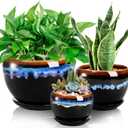 AVLA 3 Pack Ceramic Flower Pots, Gardening Drip Glazed Planter, Plant Pot with Drainage Hole and Saucer, 7/5/4 Inch Rustic Houseplant Container for Succulent Herbs Cactus Orchid, Home Indoor Outdoor
