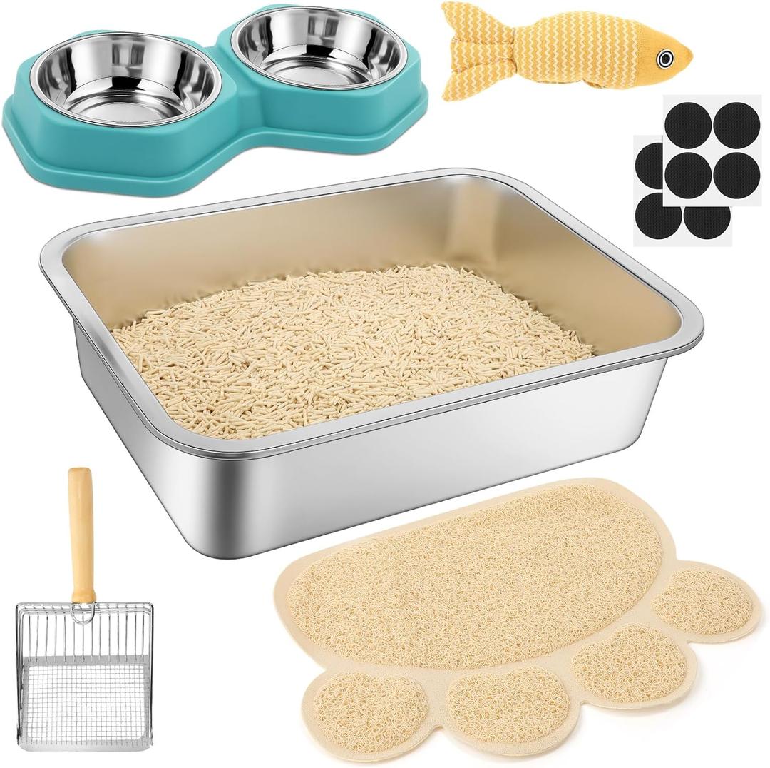 5 Pcs Cat Supplies Includes Stainless Steel Litter Box Small with Litter Scoop, Bowls for Food and Water, Catnip Fish, Mat, for Kittens Cat Lovers