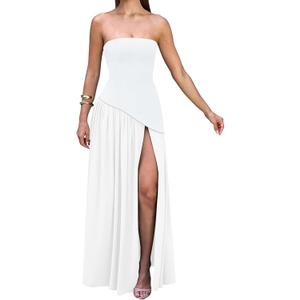 Memoriesea Women's Elegant Strapless High Split A Line Flowy Party Cocktail Maxi Dress (Small, White)