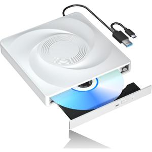 External CD/DVD Drive for Laptop CD Burner External DVD Drive, CD ROM DVD Player Portable CD Reader for Laptop PC, Compatible with Windows Linux Mac OS (White)