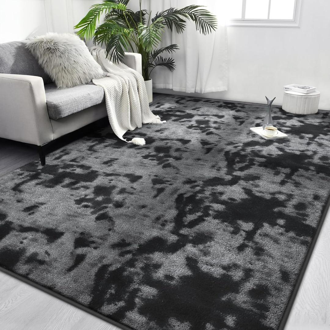 FlyDOIT Large Area Rugs for Living Room Bedroom, 6x9 Ft Tie-Dyed Dark Grey Ultra Soft Comfy Thickened Memory-Foam Indoor Carpets, Cozy Modern Floor Rug for Boys Girls Playroom Dorm Nursery Home Décor