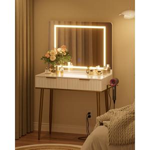 Makeup Vanity Desk with Lights and Mirror, Small Makeup Vanity Table with 2 Drawers, Dressing Table with 3 Adjustable Lighting Color, Small Makeup Desk for Bedroom, White with Gold Leg