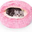 Calming Dog Beds & Cat Cave Bed with Hooded Cover,Removable Washable Round Beds for Small Medium Pets,Anti-Slip Faux Fur Fluffy Coved Bed for Improved Sleep,Fits up to 15/25 lbs(Pink,S)