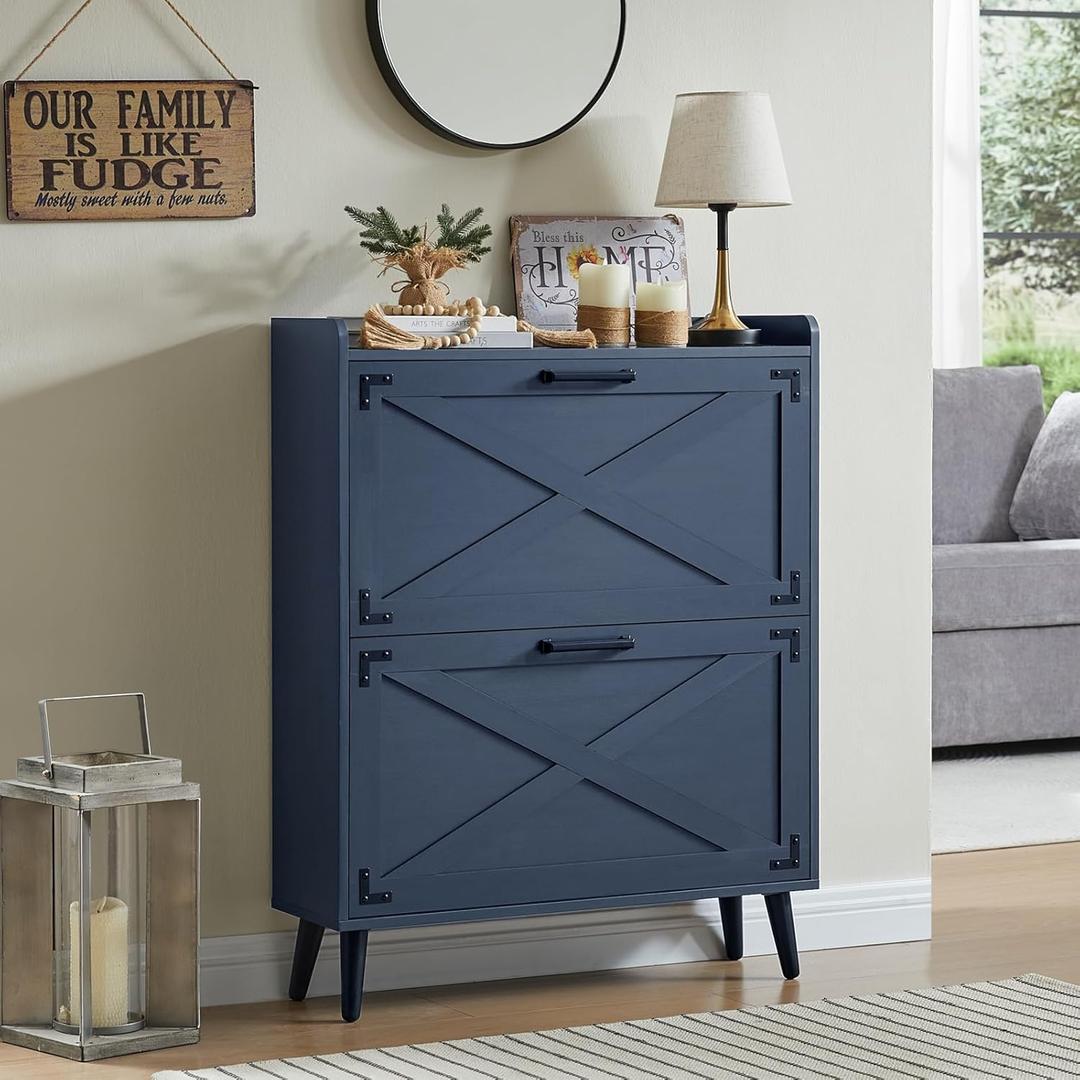 Shoe Storage Cabinet,Farmhouse Shoe Organizer with 2 Flip Drawers & Barn Door Design,Freestanding Hidden Slim Narrow Shoe Rack Cabinet for Entryway,Foyer,Hallway,Blue (2-Drawers)