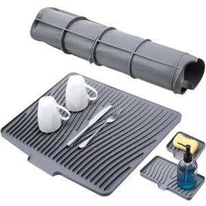 Dimeho 3 PCS Silicone Dish Drying Mat for Kitchen Counter Raised kitchen Sink Mat Heat-resistant Drain Pad Dishes Non-Slip Fast Self-Draining Dish Drying Pad Dryings Rack with Built-in Drain (Grey)
