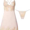 Lilosy Sexy Silk Lace Up Backless Satin Applique Floral Lace Babydoll Lingerie Dress with Tong 2 Piece BEige, XS