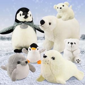 Funtery 7 Pcs Large Stuffed Arctic Animals Set Cute Plush Stuffed Ocean Animal Include Seal Polar Bear Penguin Plush Sea Creature Toys Set for Christmas Winter Birthday Party Gift(Ocean Animals)