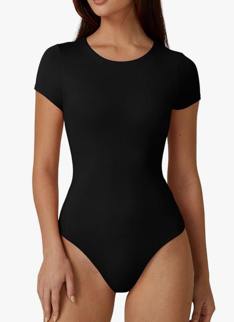 QINSEN Women's Crew Neck Short Sleeve Bodysuit Double Lined Body Suits Basic T-shirt Tops, Large, Black