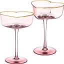 2 Pcs Heart Shaped Coupe Glasses - Martini Glasses with Golden Rim - 8 oz Coupe Glasses Cocktail Glassware Set for Wedding, Mothers Day, Birthdays, Anniversary (Pink)