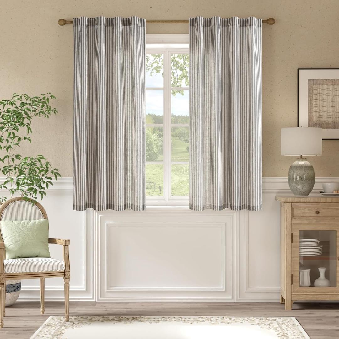 jinchan Linen Curtains Charcoal Grey on Beige Striped Curtains for Living Room Bedroom Ticking Stripe Light Filtering Farmhouse Cottage Core Rustic Back Tab Window Treatment 2 Panels 35x50 inches