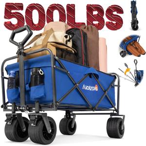 WVX Heavy Duty 500lbs Capacity Collapsible Wagon - Beach Wagon with Big All-Terrain Wheels for Sand - Beach Cart with Rebound Handle & Drink Holders - Utility Wagon Cart for Garden Camping Outdoor