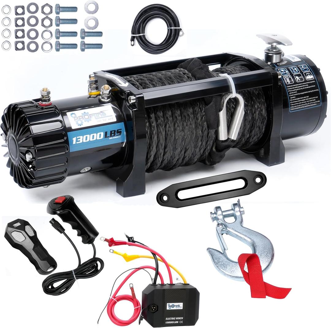 Electric Winch 13000 lbs ATV Winch 12V with Synthetic Rope and Hook Truck Winch with Hawse Fairlead Remote Control for Towing UTV SUV Off Road Vehicle
