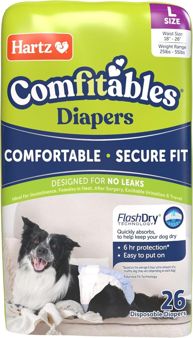 Hartz Comfitables Disposable Dog Diapers, Size Large 26 Count, Comfortable & Secure Fit, Easy to Put On, Super Absorbent Male and Female Diaper, Lar