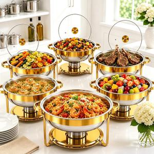 6QT Gold Chafing Dishes for Buffet 6-Pack, Round Chafers and Buffet Warmer Sets with Glass Lids, High Grade Stainless Steel, Rolled-Edge, Stackable Design – for Catering, Parties, and Weddings