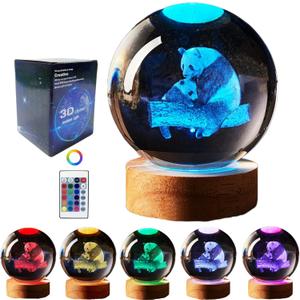 Crystal Ball Panda Family Night Light, 3.15 Inch K9 Crystal Glass Ball, 16 Color Change with Remote Control, Wooden Base Table Lamp, Birthday &