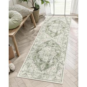 LIVEBOX Washable Runner 2x6 - Vintage Tribal Kitchen Rug, Long Entryway, Low-Pile for Bedroom, Non-Skid Soft Carpet Throw for Bathroom Laundry Room Hallway Sage