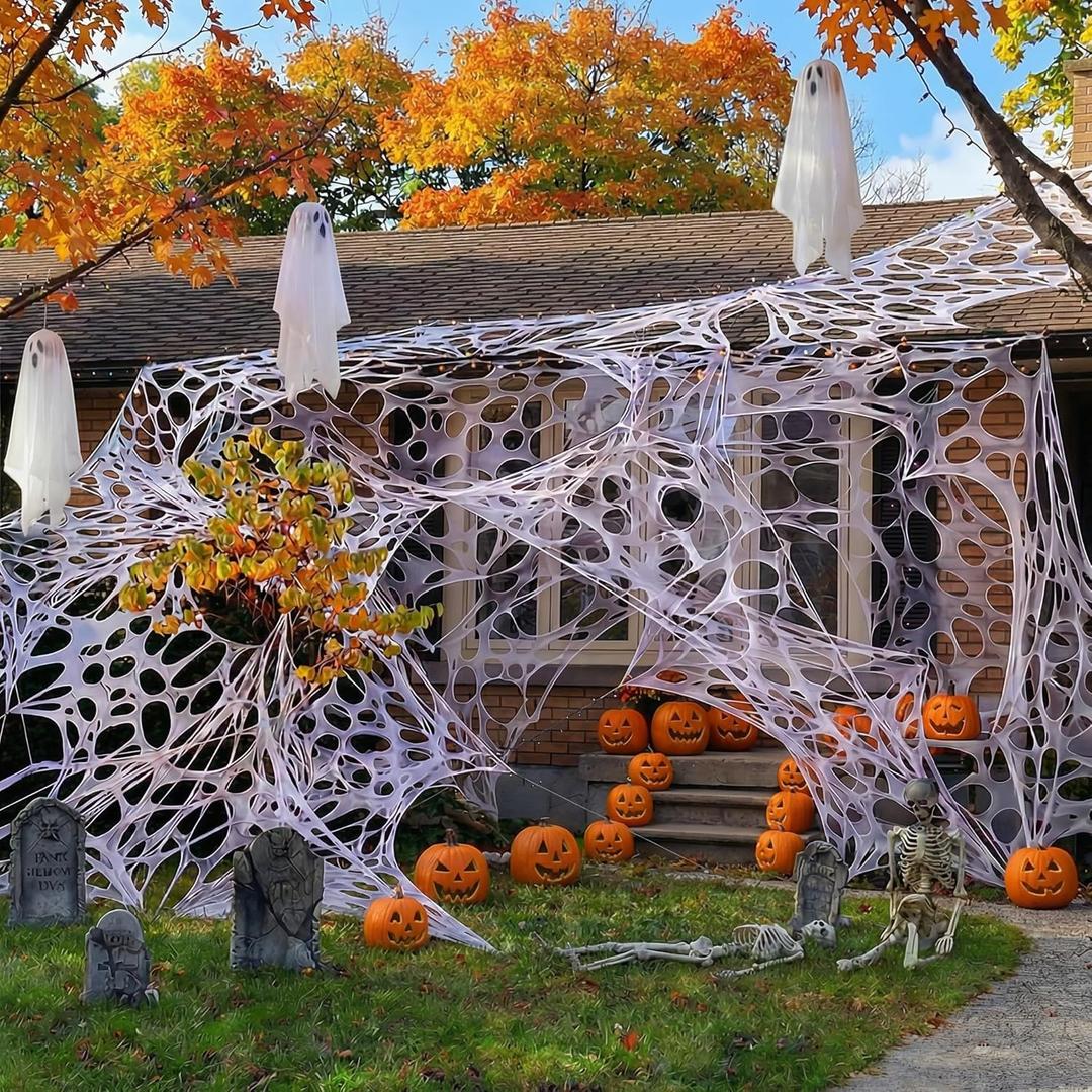 800 Sqft After Streched with Holes Uncut Giant Spider Web Halloween Decorations Outdoor with 10 Ground Nails Stretchy Beef Cloth Netting Cut-Your-Own Flexible Elastic for Yard Party Decor