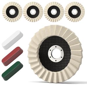 8 Pcs Wool Polishing Wheel & Compound Kit  5 Aluminum Buffing Wheels (4-1/2" x 7/8") + 3 Polishing CompoundsFelt Flap Disc for Angle Grinder  Multi-Surface Buffing for Metal, Wood, & Automotive