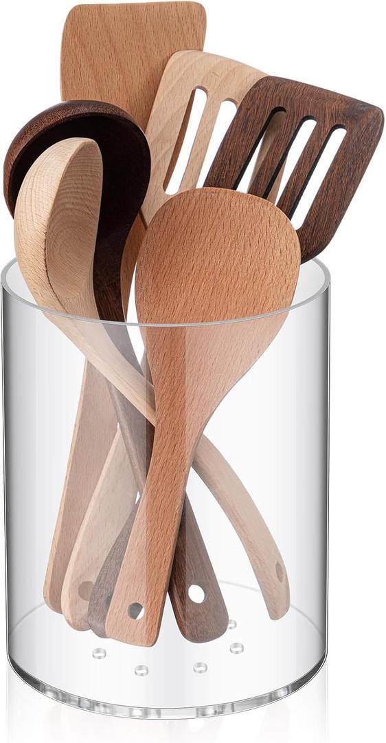 Threehoney Clear Acrylic Utensil Holder 6.3 Inch Kitchen Counter Utensil Crock Plastic Cooking Tool Organizer Easy to Clean Cooking Spoon Holder for Spatula Modern Kitchen Accessories