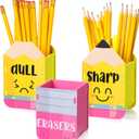 DoubleFill 3 Pcs Sharp and Dull Pencil Holder Eraser Buckets Wooden Shaped Dispenser for Back to School Teachers Classroom Management(Yellow Face)