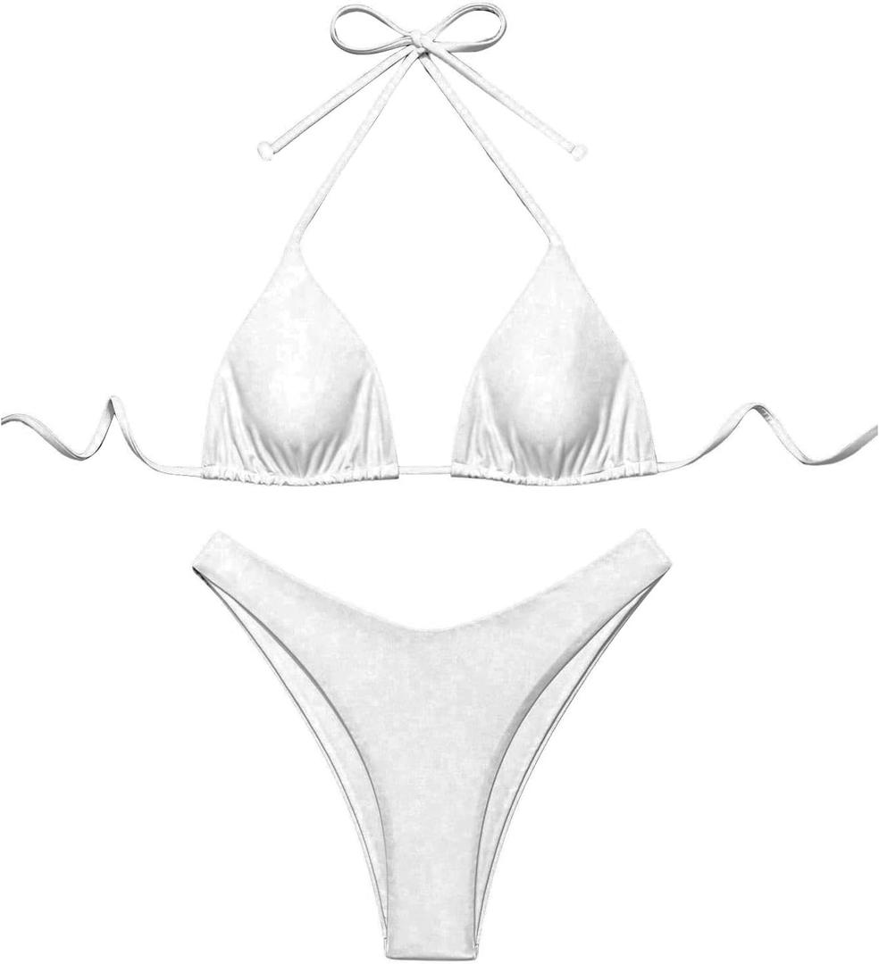 GORGLITTER Women's High Waisted Thong Bikini Set Halter Triangle Tie Back Swimsuit Bathing Suit (White, M)