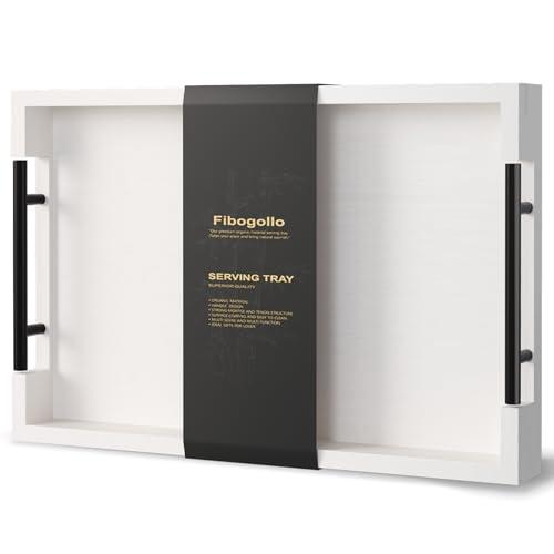 Fibogollo Bamboo Serving Tray with Metal Handles,15x10in Ottoman Decorative Trays Platter for Coffee Table,Living Room,Bar,Party,Mediuml(White)