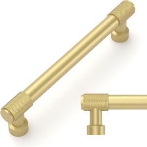 Amerdeco 10 Pack Brushed Gold Knurled Cabinet Pulls 5 Inch(128mm) Hole Center Kitchen Cabinet Handles Drawer Pulls Cabinet Hardware ZH0034