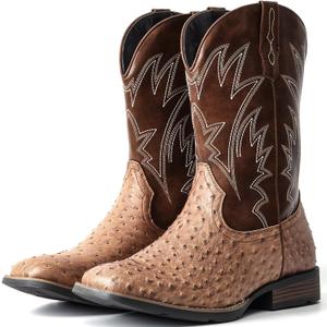 IUV Cowboy Boots For Men Western Ostrich Wide Durable Fashionable Embroidered Pull On Slip Resistant Assorted Colors Boots,  Brown US 11.5