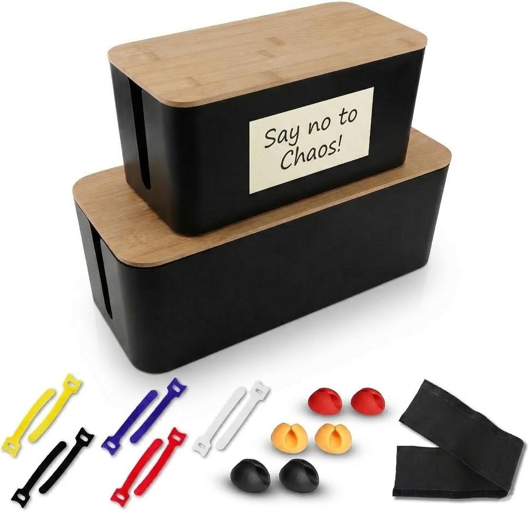 Cord Management Box Set  2 Pack Cable Organizer Box to Hide Cords and Power Strip Kit with Clips, Reusable Ties & Sleeve  Functional, Modern Design | Medium & Large Sizes for Home & Office Use