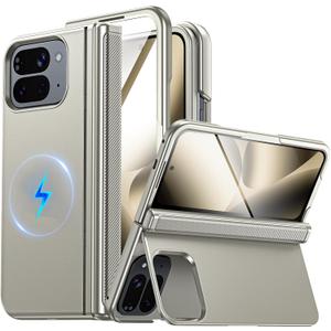 CENMASO Magnetic for Google Pixel 10 Pro Fold Case with Kickstand, Hinge Protection, Hidden Kickstand, Screen Protector, Slim Shockproof Phone Case for Pixel 10 Pro Fold (Natural Titanium)