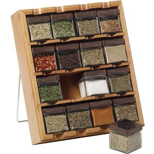 Kamenstein Jar Bamboo 3-in-1 Spice Organizer for Countertop, Wall, and Drawer with Spices Included, FREE Spice Refills for 5 Years, Lift & Pour Caps , 16 Count ( Pack of 1)