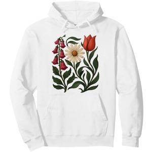 Vintage Floral Illustration Foxglove Daisy Tulip Design Pullover Hoodie (Gray, M)