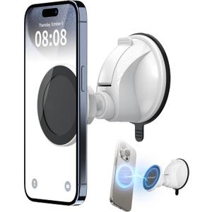 PROfezzion Magnetic Shower Mirror Phone Holder Reusable Suction Cup Phone Mount Compatible with iPhone 16 15 14 13 12 & All Phones, Rotating Stand for Glass Window Bathroom Kitchen Makeup Video, White