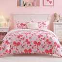 AMBERSPACE Twin XL Comforter Set for Girls, Pink Bow Bedding Set with Cute Floral, All Season Kids Dorm Bed in a Bag 5 Pieces with Sheets, Pillowcase & Sham