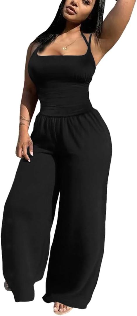 HBQ Women's 2 Piece Sets Casual Spaghetti Strap Top Wide Leg Pants Vacation Lounge Matching Outfits (Black, M)