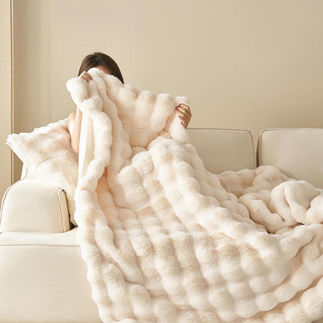 Faux Fur Throw Blanket for Couch & Bed, Ultra Soft Fluffy Rabbit Bubble Blanket - Cozy Fuzzy Warm Blanket for Women, Girls, Perfect Valentine‘s Day Gift, Home Decor (White, 39" x 63")