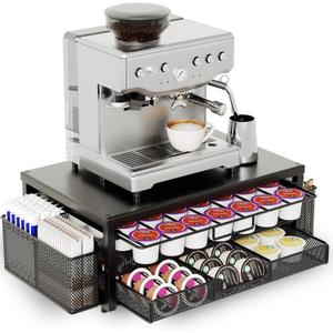 Metal Coffee Pod Holder for 80 Capsules with Storage Drawer & 2 Accessory Holders,2 Tier K Cup Holder Organizer for Countertop,Black