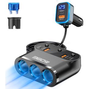 Cigarette Lighter Splitter Adapter 360W: Car 12v Splitter 3 Socket Car Charger Extension Triple USB C 36W and QC3.0 18W Ports 12 Volt Power Outlet DC with Button Switch LED Voltmeter 15A Fuse