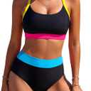 Blooming Jelly Women High Waisted Bikini Sets Color Block Tummy Control Swimsuits Supportive Sporty Bathing Suit 2026 (Medium, Black)